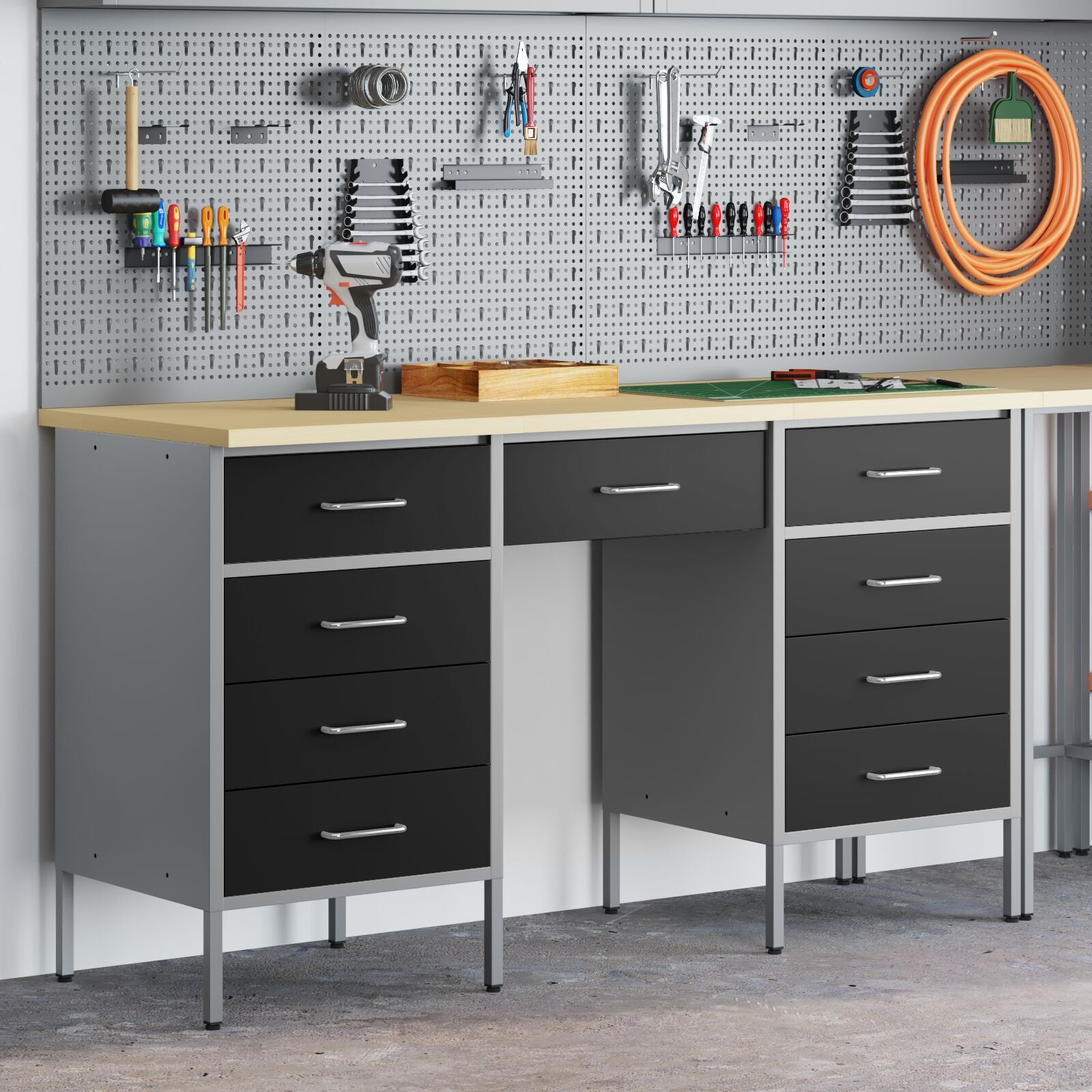 3-Delige Werkcabinet En Tafel Set Zwart Geengineerd Hout & Staal