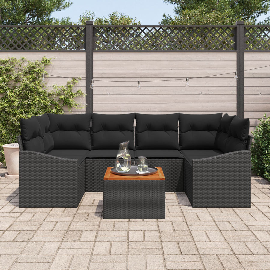 7-Delig Tuinbankstel Met Kussens Zwart Poly Rattan Acacia