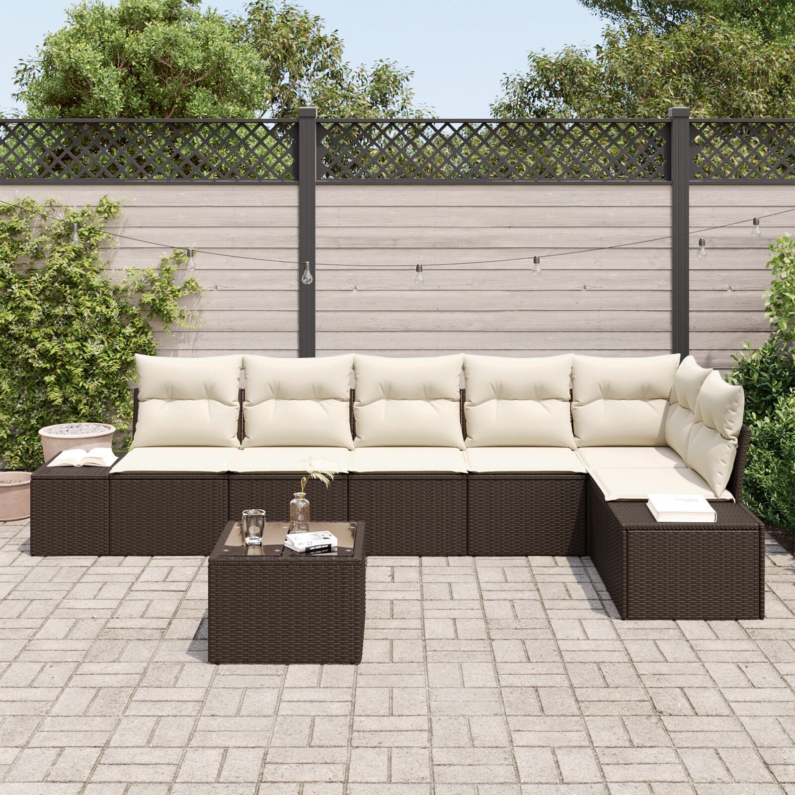 6-Delige Tuin Sofa Set Met Kussens Grijze Poly Rattan Bruin en wit met tafel