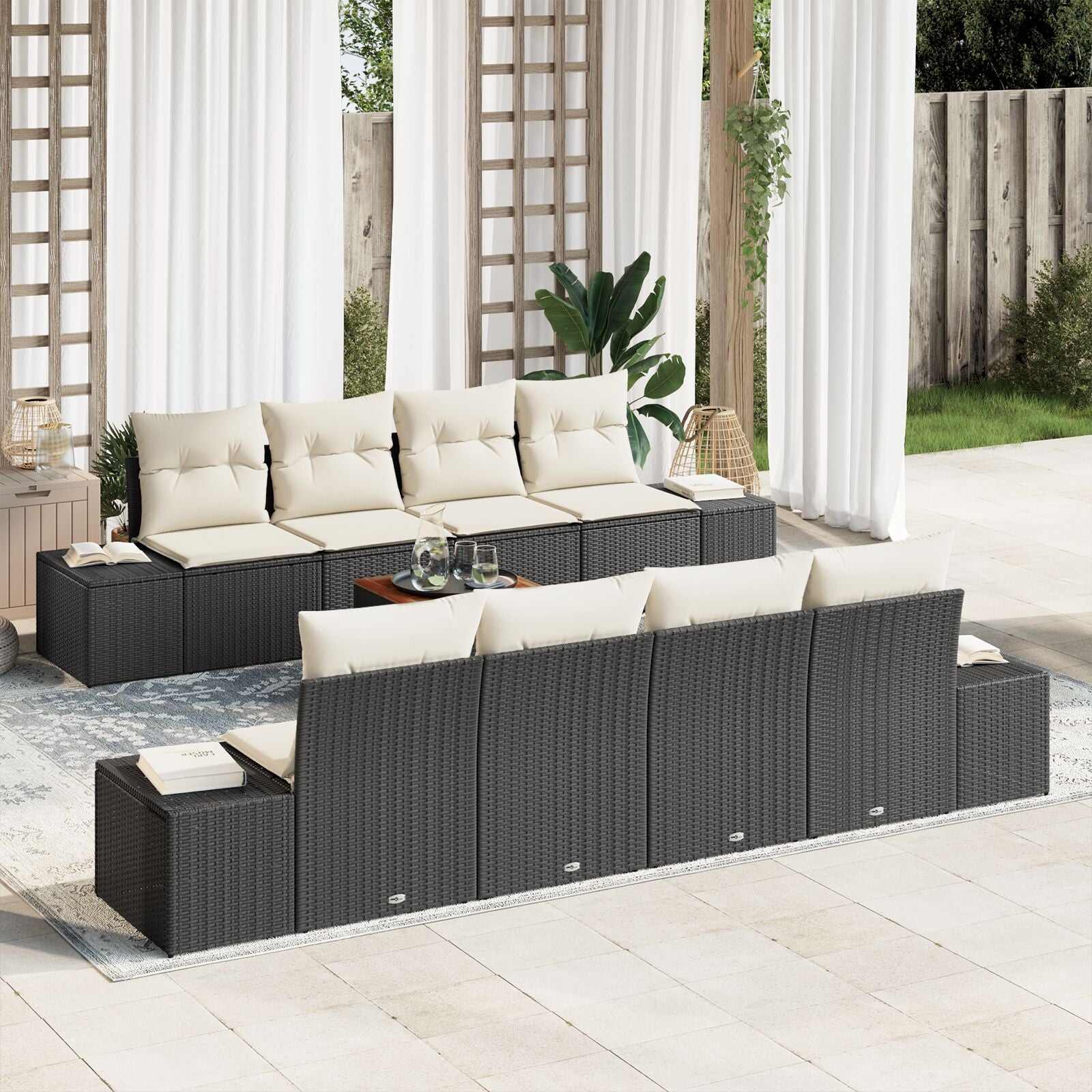 9-Delige Tuinsofa Set Met Kussens Zwart Poly Rattan Acacia