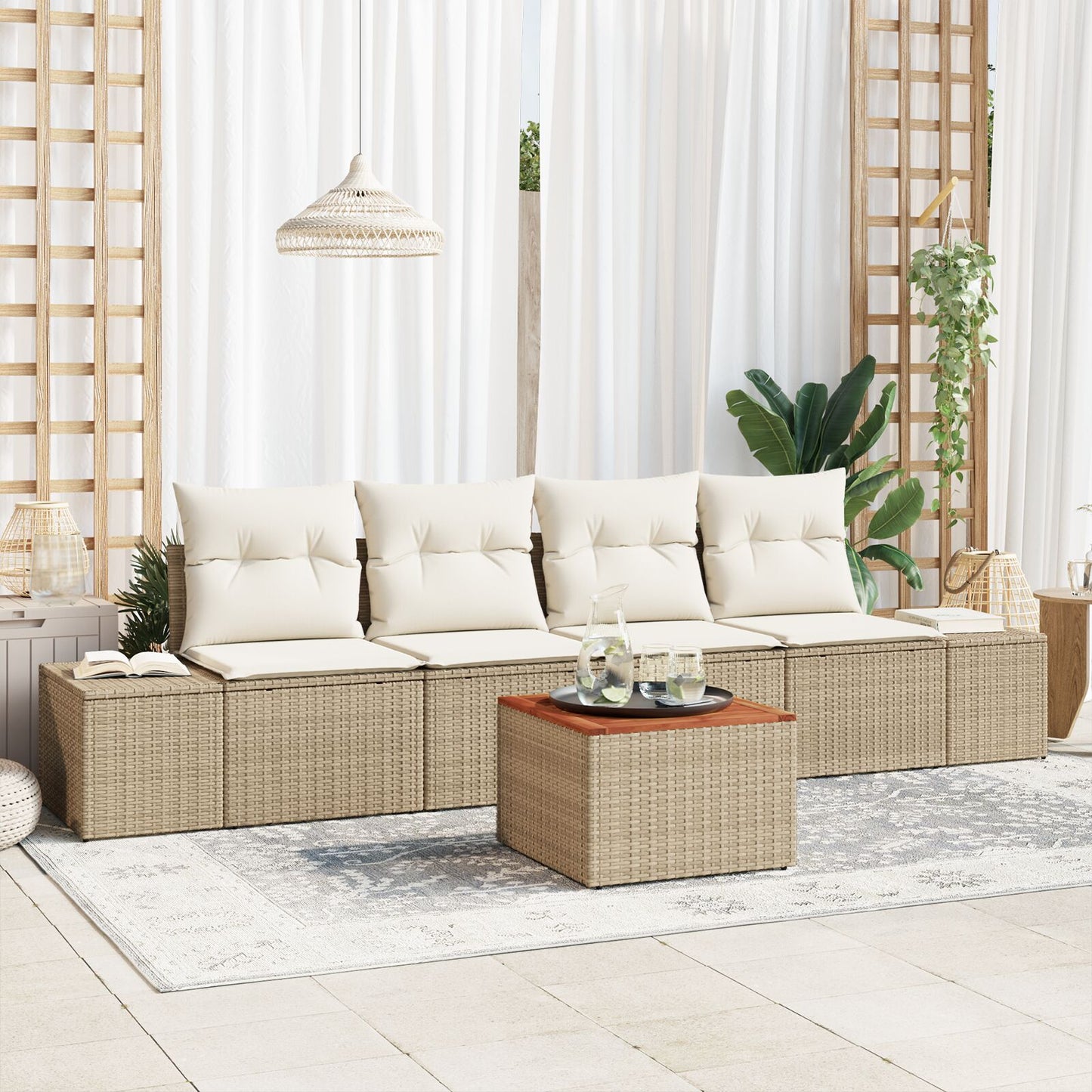 5-Delige Tuinbankset Met Kussens Beige Poly Rattan Acacia