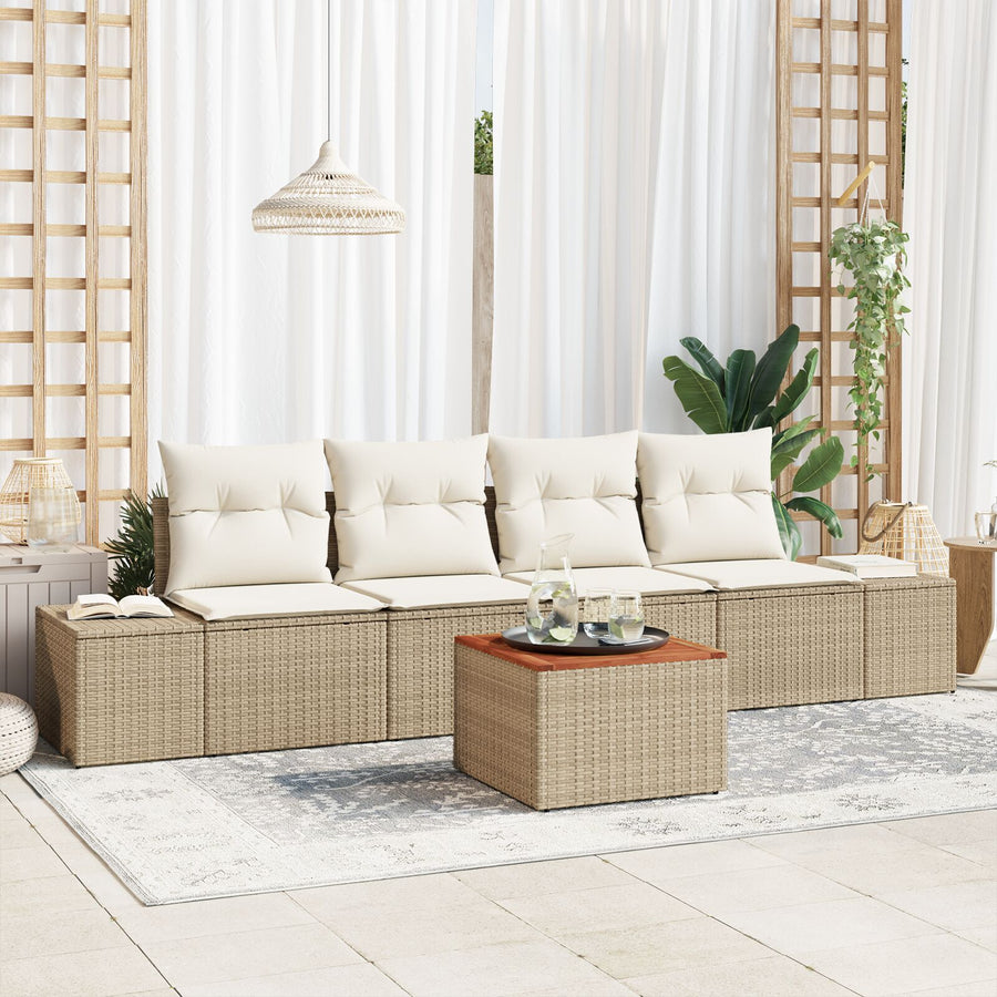 5-Delige Tuinbankset Met Kussens Beige Poly Rattan Acacia