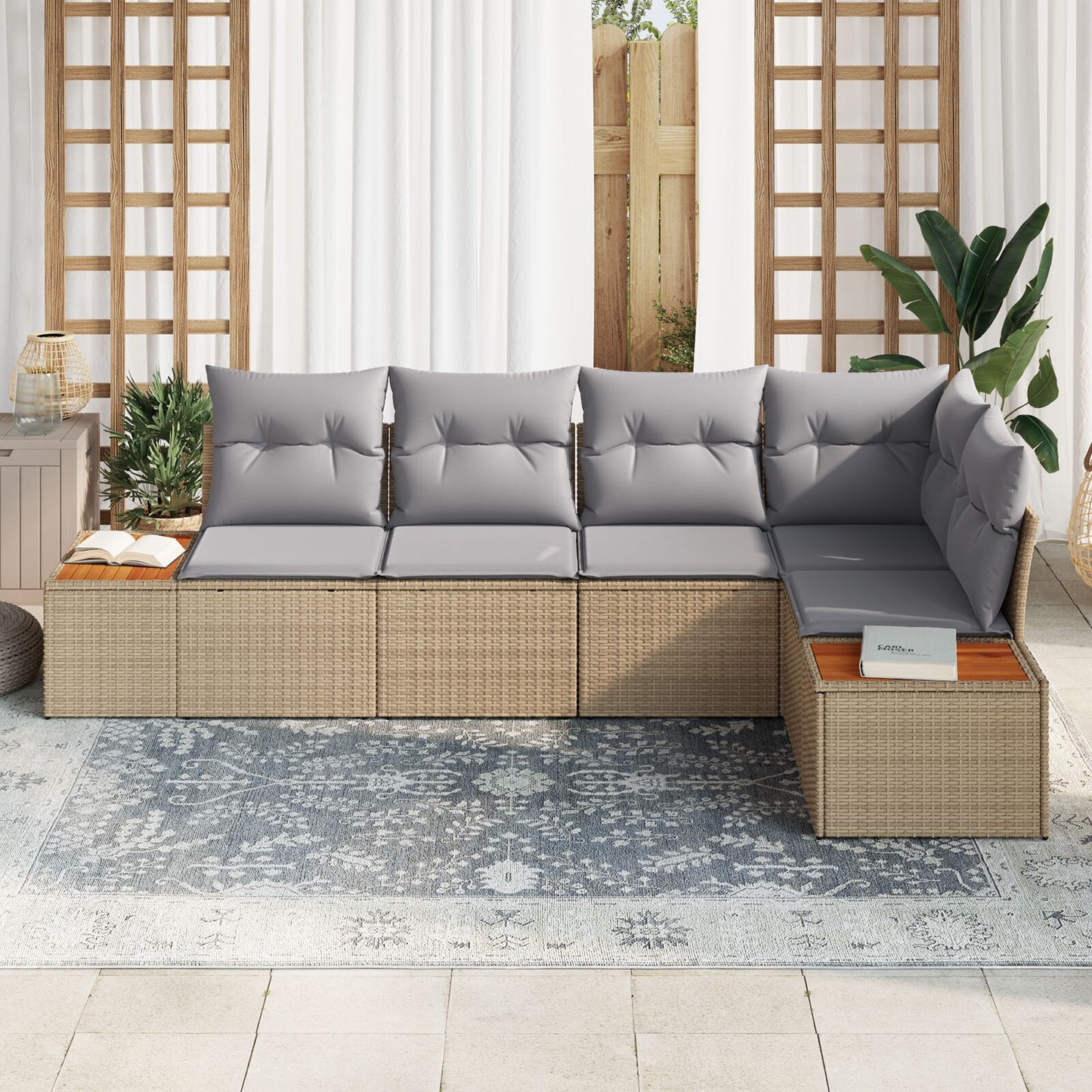 5-Delige Tuinbankset Met Kussens Beige Poly Rattan Acacia