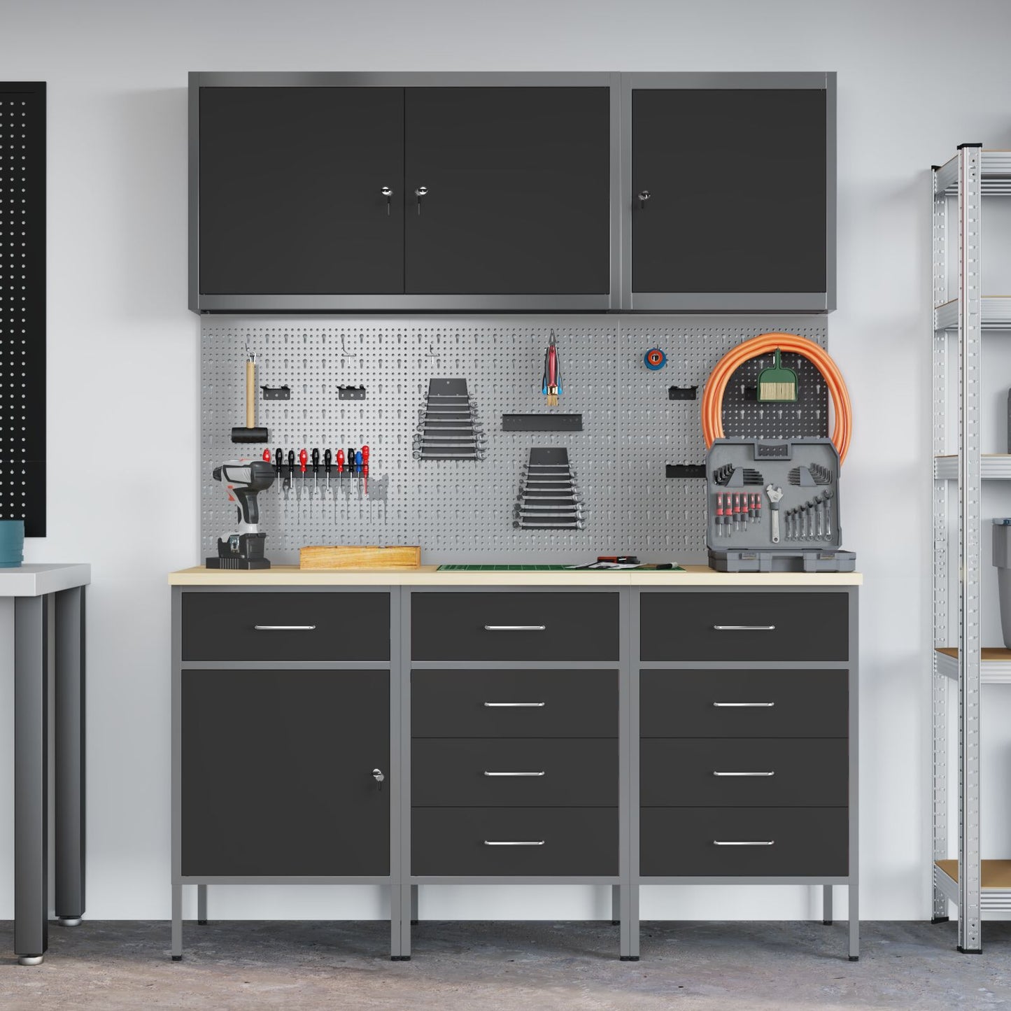 8-Delige Werkbank Set Staal 3x (84/85/85 cm) Zwart 3x kast + 3x gereedschapsbord + 2x gereedschapscabinet
