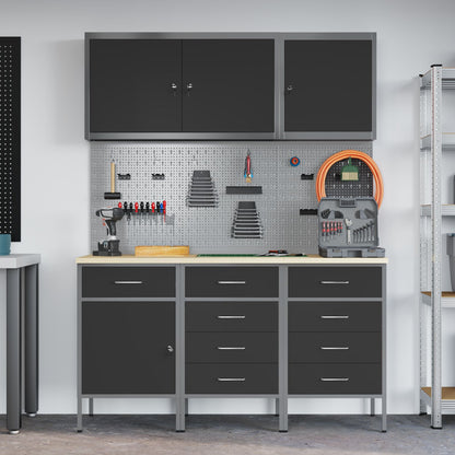 8-Delige Werkbank Set Staal 3x (84/85/85 cm) Zwart 3x kast + 3x gereedschapsbord + 2x gereedschapscabinet