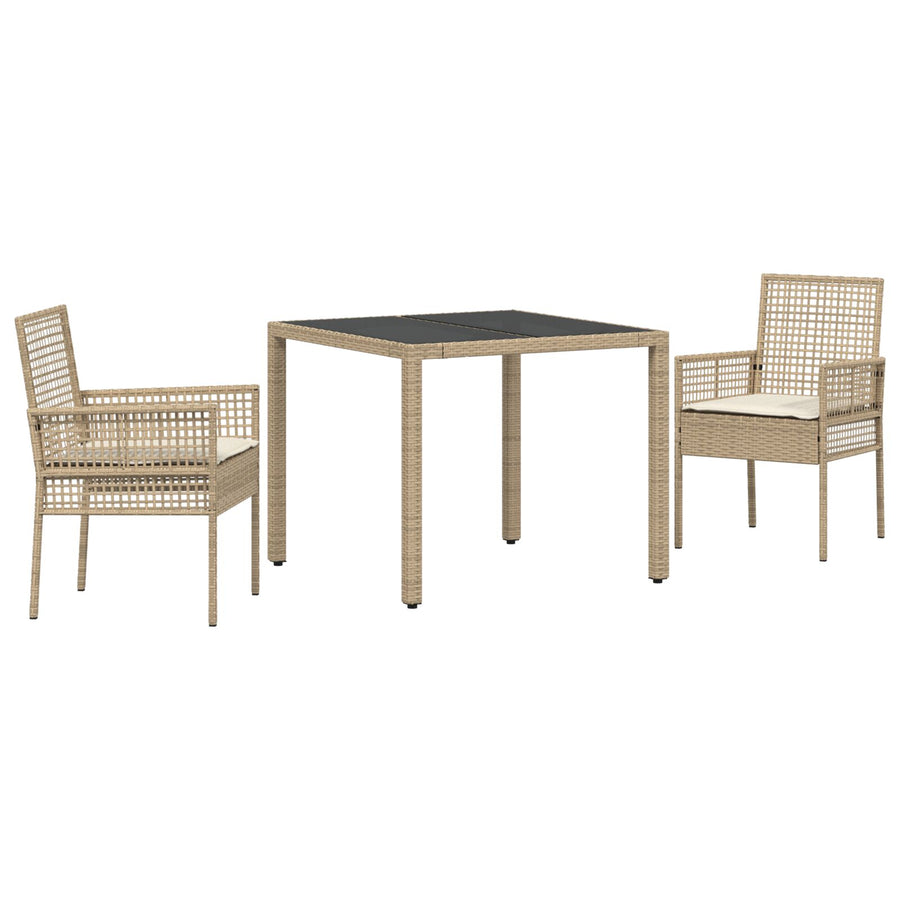 Set Van 2 Beige Pe Rattan, Gepoedercoat Staal, Gehard Glas Klein