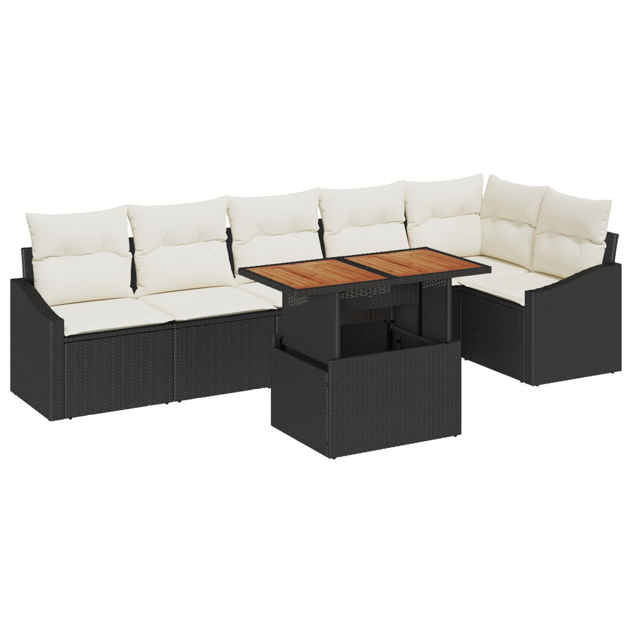 7-Delige Tuin Eettafel Set Met Kussens Zwart Poly Rattan Acacia