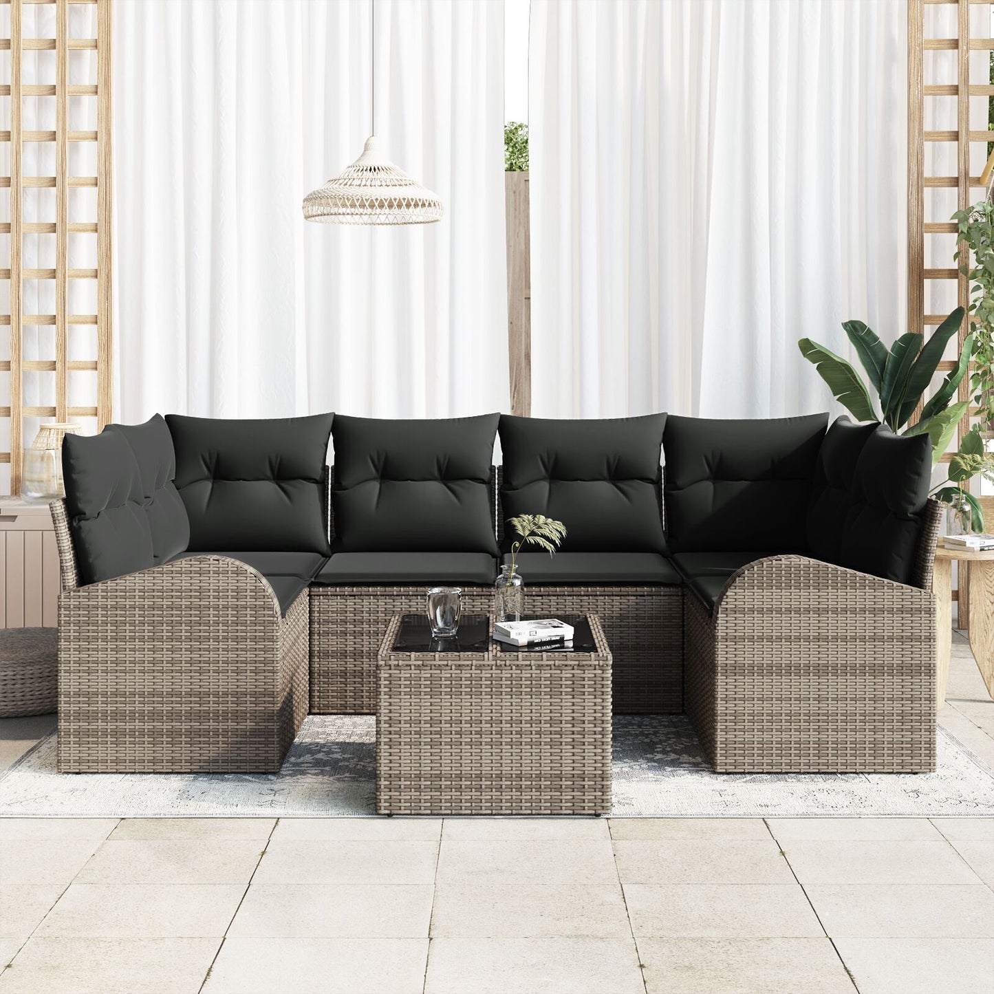 7-Delige Tuin Sofaset Met Kussens Grijs Poly Rattan