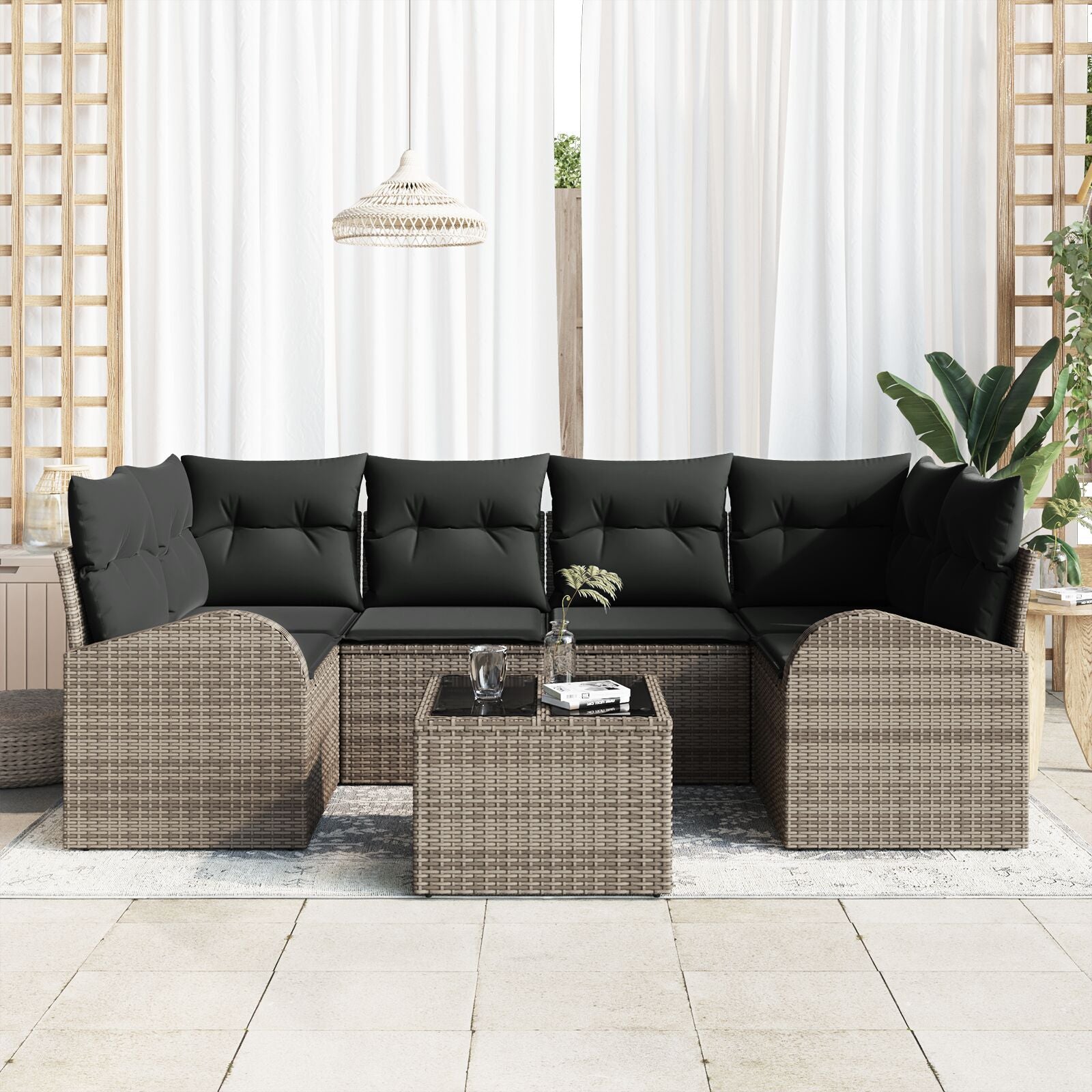 7-Delige Tuin Sofaset Met Kussens Grijs Poly Rattan