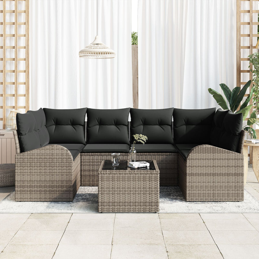 7-Delige Tuin Sofaset Met Kussens Grijs Poly Rattan