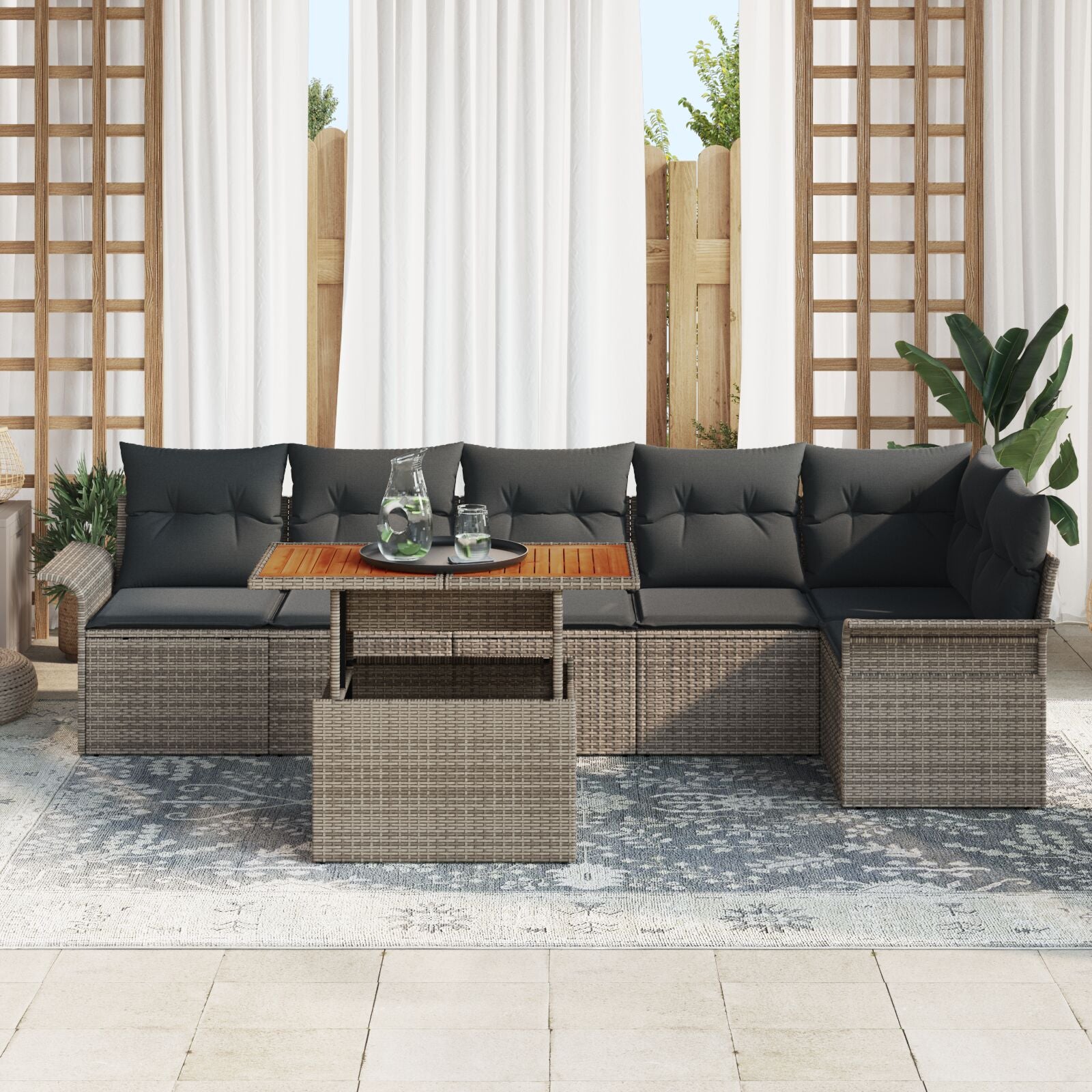 Tuinbank Set Set Van 7 Grijs Poly Rattan, Gehard Glas Tuin Tafels