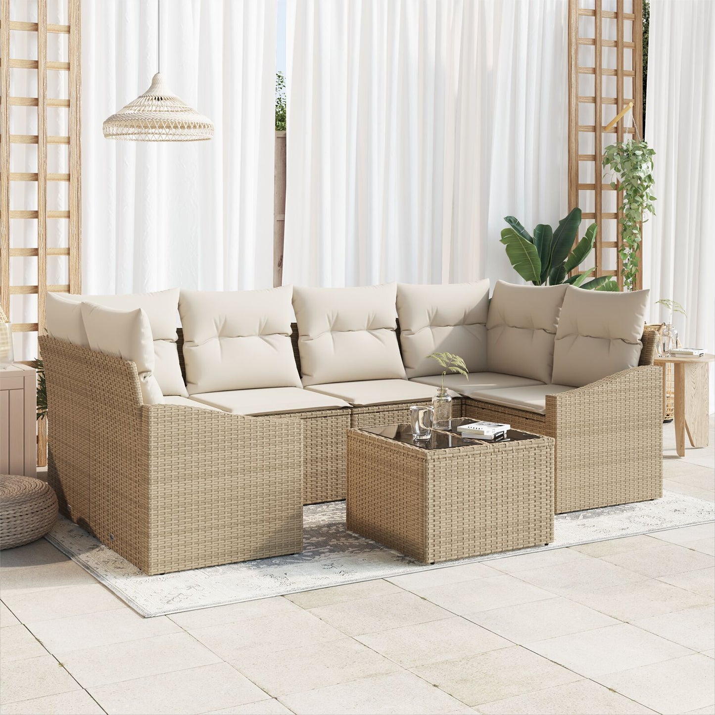 7-Delige Tuin Sofa Set Met Kussens Beige Poly Rattan