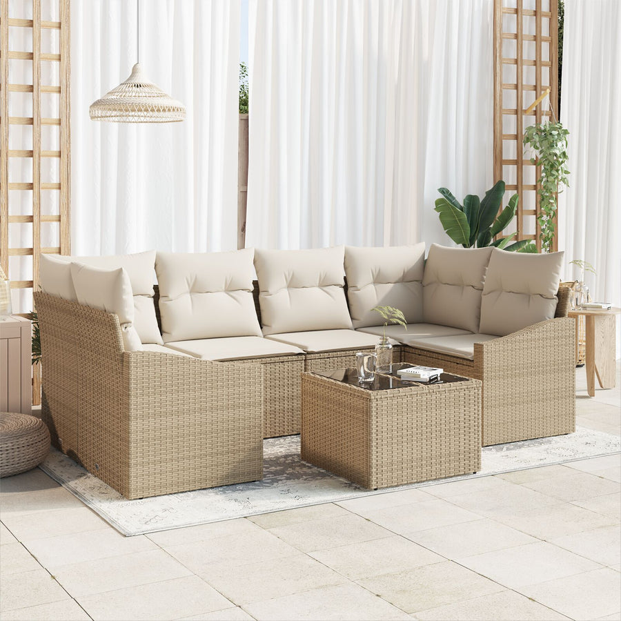 7-Delige Tuin Sofa Set Met Kussens Beige Poly Rattan