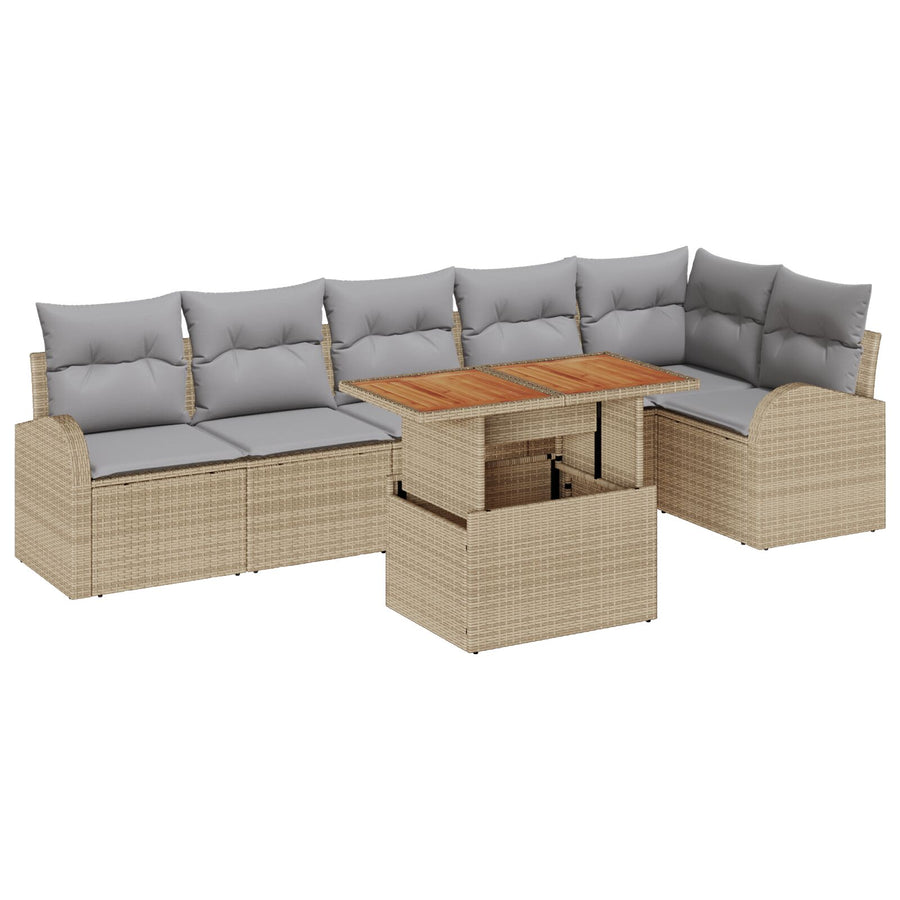 7-Delige Tuin Eetset Met Kussens Beige Poly Rattan Acacia