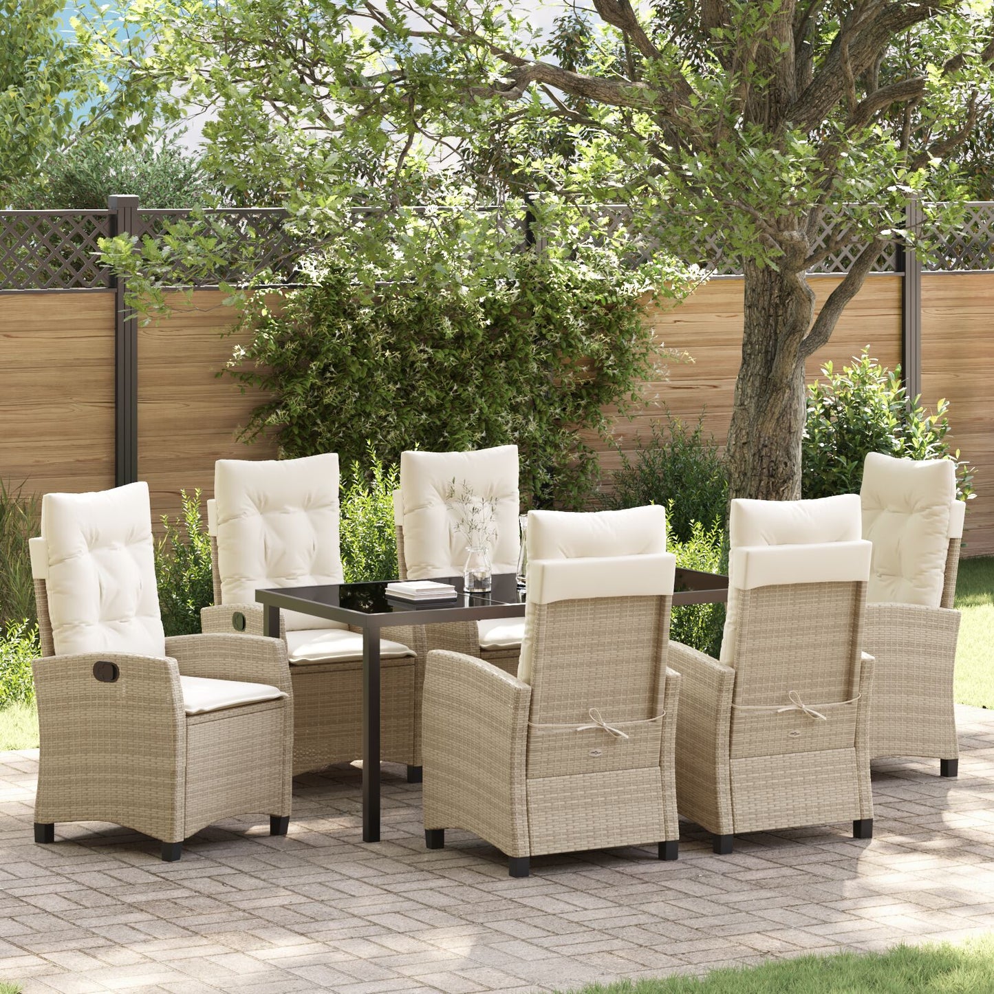 7 Delige Tuin Eettafel Set Met Kussens Beige Poly Rattan