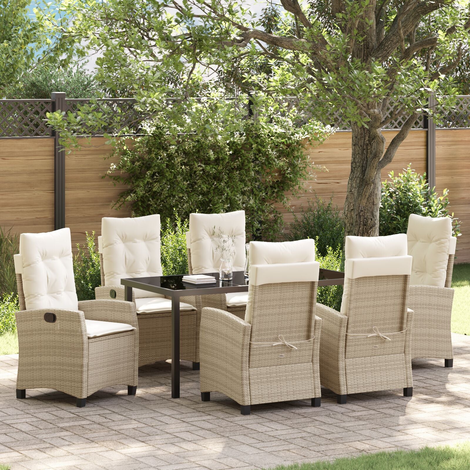 7 Delige Tuin Eettafel Set Met Kussens Beige Poly Rattan