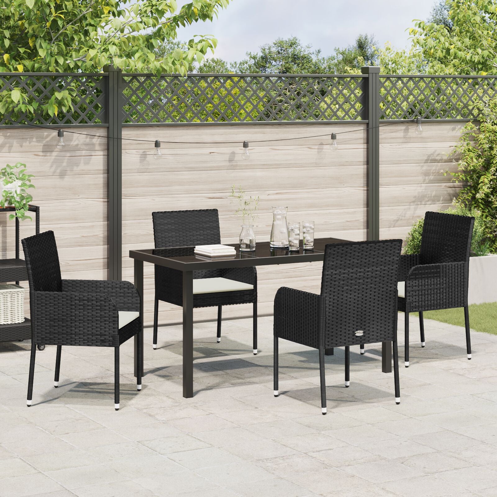 5-Delige Tuin Eetset Met Kussens Zwarte Poly Rattan