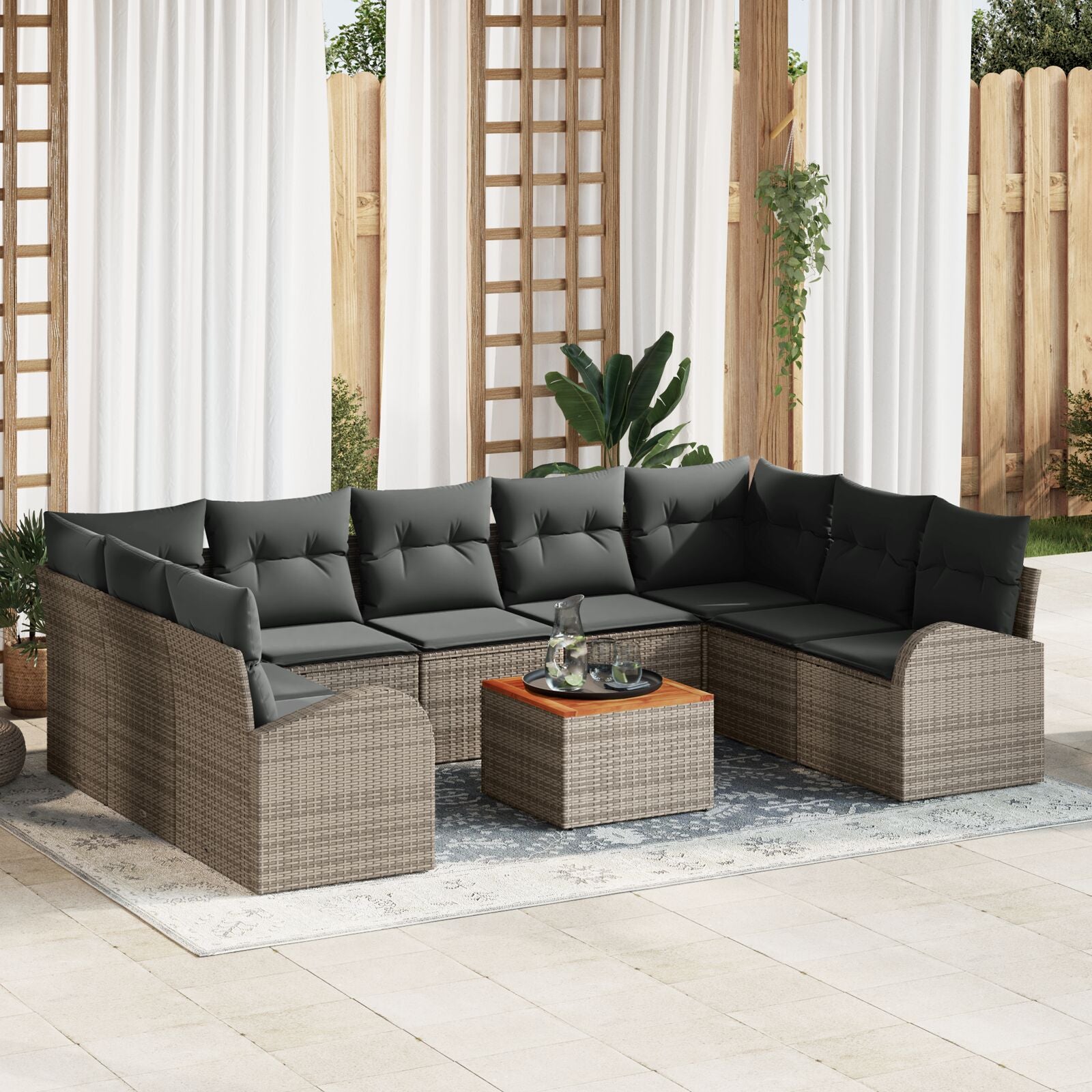 10-Delige Tuinbankset Met Kussens Grijs Poly Rattan Acacia