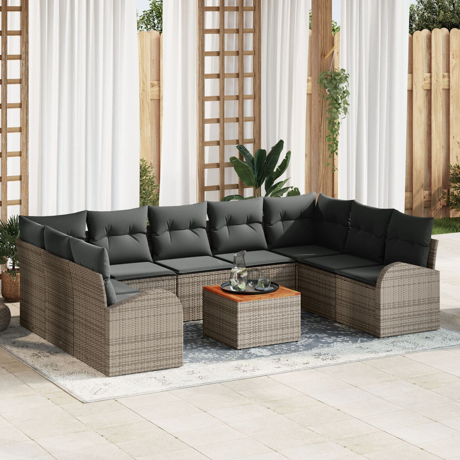 10-Delige Tuinbankset Met Kussens Grijs Poly Rattan Acacia