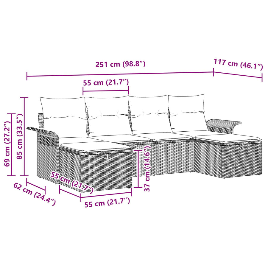 6-Delige Tuin Sofa Set Met Kussens Beige Poly Rattan