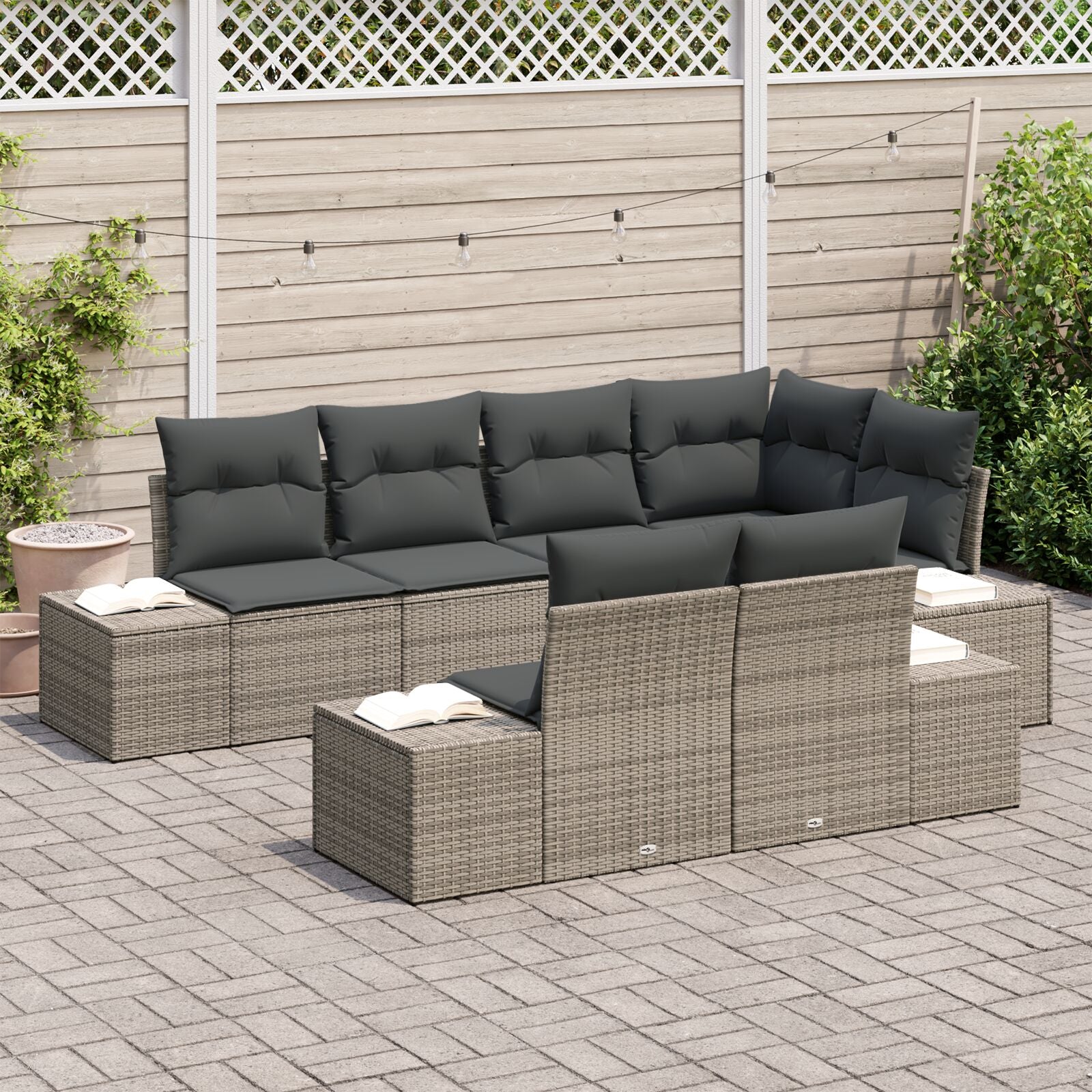 7-Delige Tuinsofa Set Met Kussens Grijze Poly Rattan