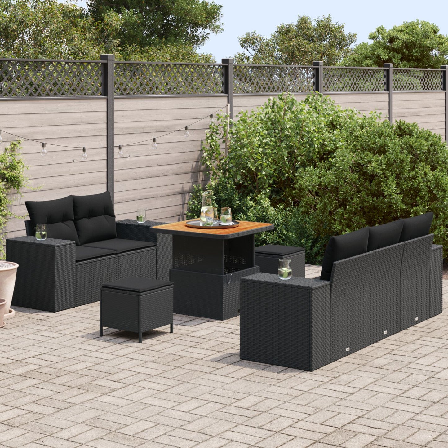 8-Delige Tuin Sofa Set Met Kussens Zwart Poly Rattan Acacia, 3-Delige Tuin Eettafel Set Met Kussens Zwart Poly Rattan Acacia Wit