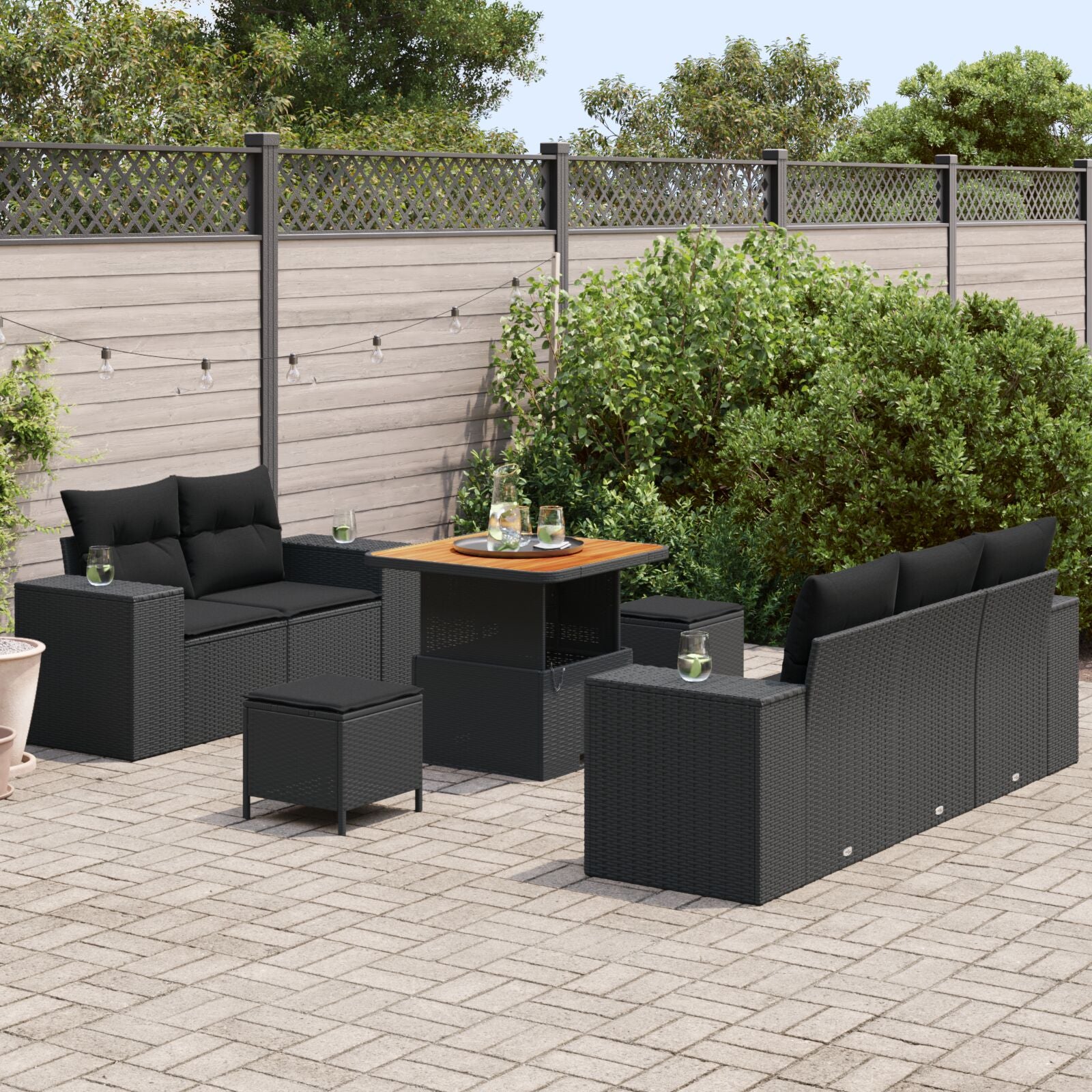 8-Delige Tuin Sofa Set Met Kussens Zwart Poly Rattan Acacia, 3-Delige Tuin Eettafel Set Met Kussens Zwart Poly Rattan Acacia Wit