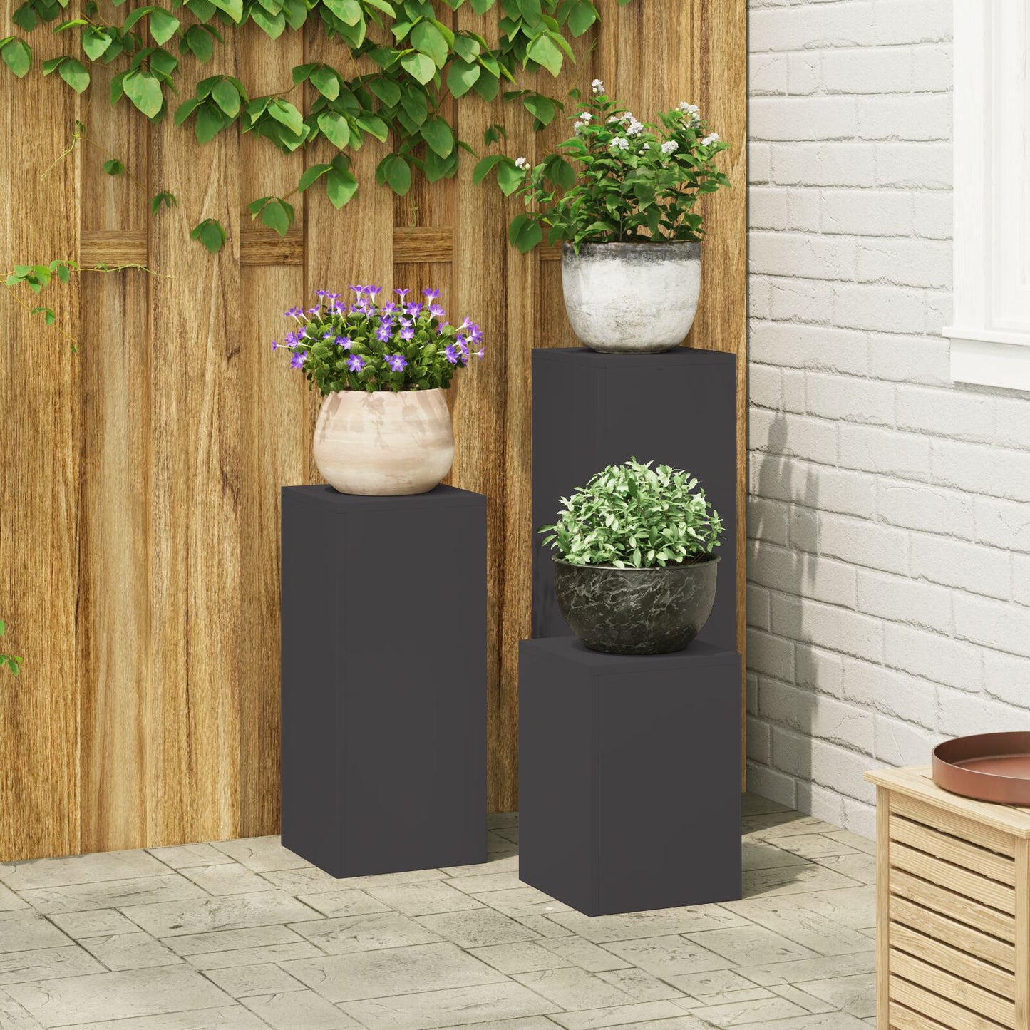 Buiten Plantenstands Set Van 3 Staal Zwart 3x (35/55/75 cm)