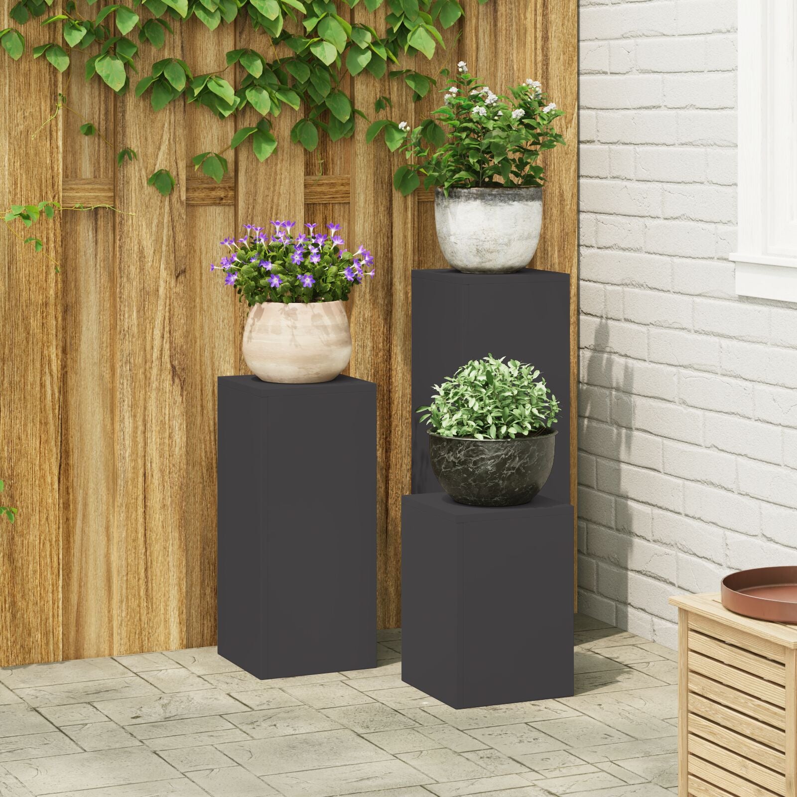 Buiten Plantenstands Set Van 3 Staal Zwart 3x (35/55/75 cm)
