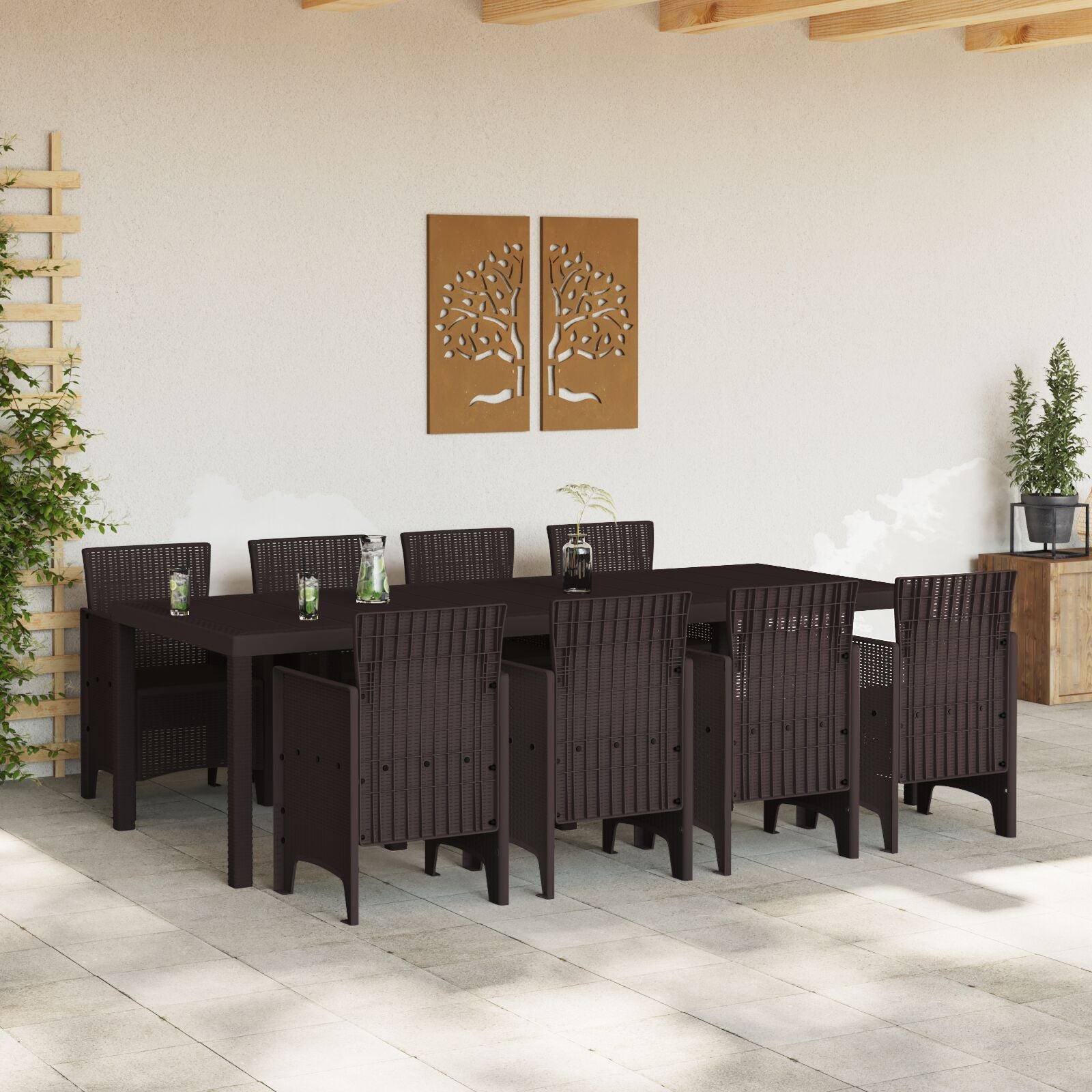 9-Delige Tuin Eettafel Set Bruin Poly Rattan