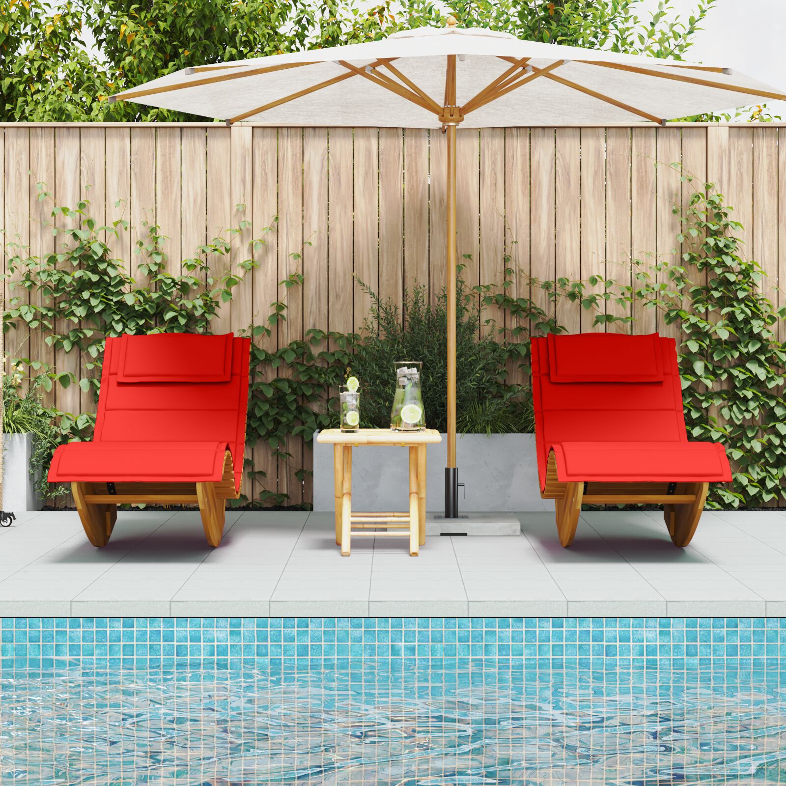 Ligstoel Set Van 2 Rood Hout En Stof Standaard Inklapbaar