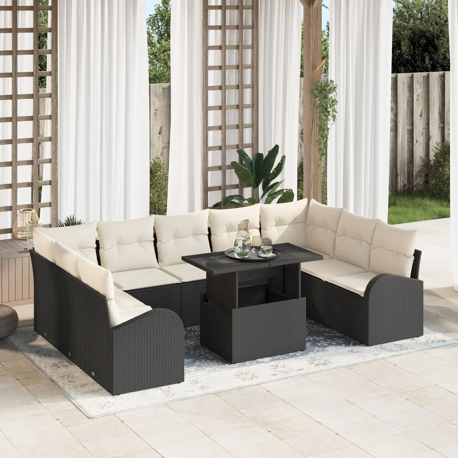 10-Delige Tuin Sofa Set Met Kussens Zwart Poly Rattan