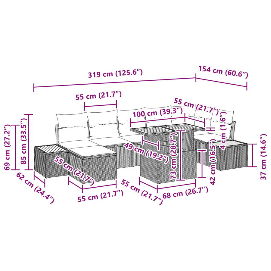 Tuinbank Set Set Van 8 Beige, Grijs Rattan, Polyester
