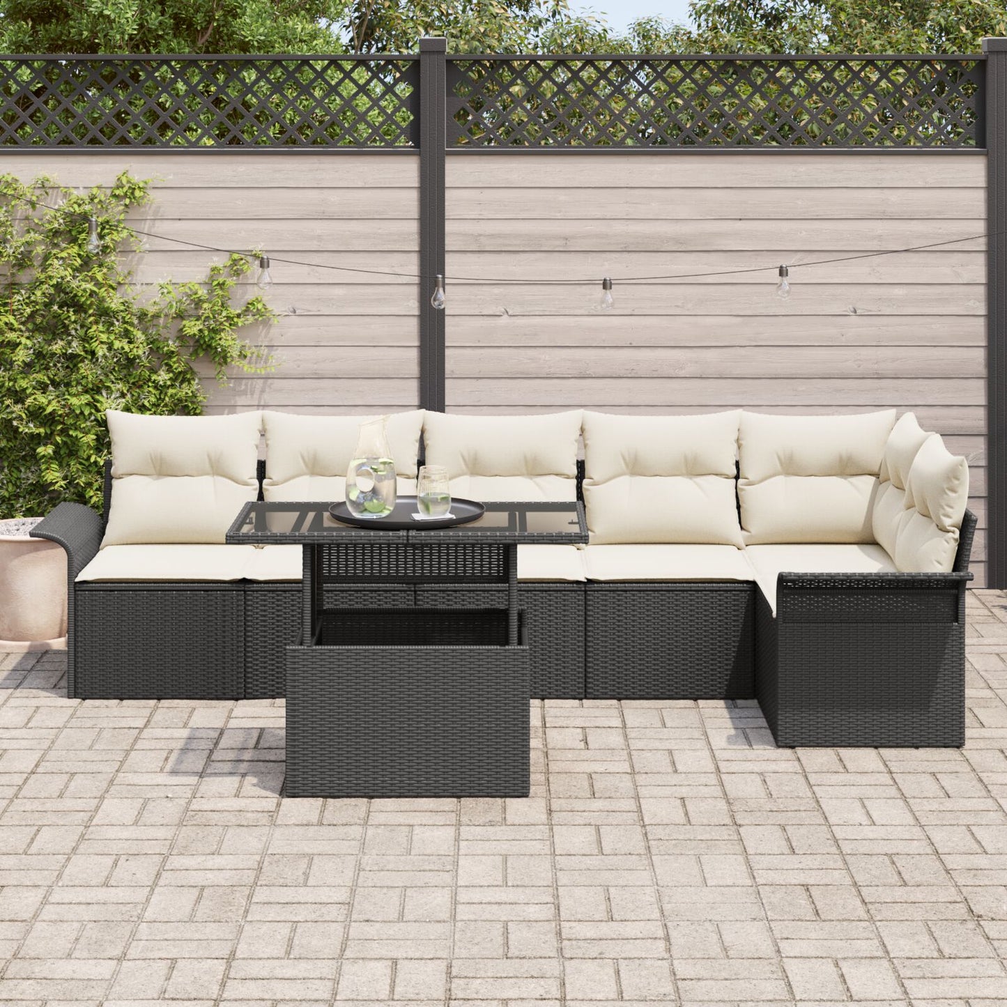 7-Delige Tuin Sofa Set Met Kussens Zwart Poly Rattan