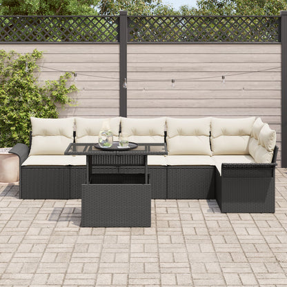 7-Delige Tuin Sofa Set Met Kussens Zwart Poly Rattan