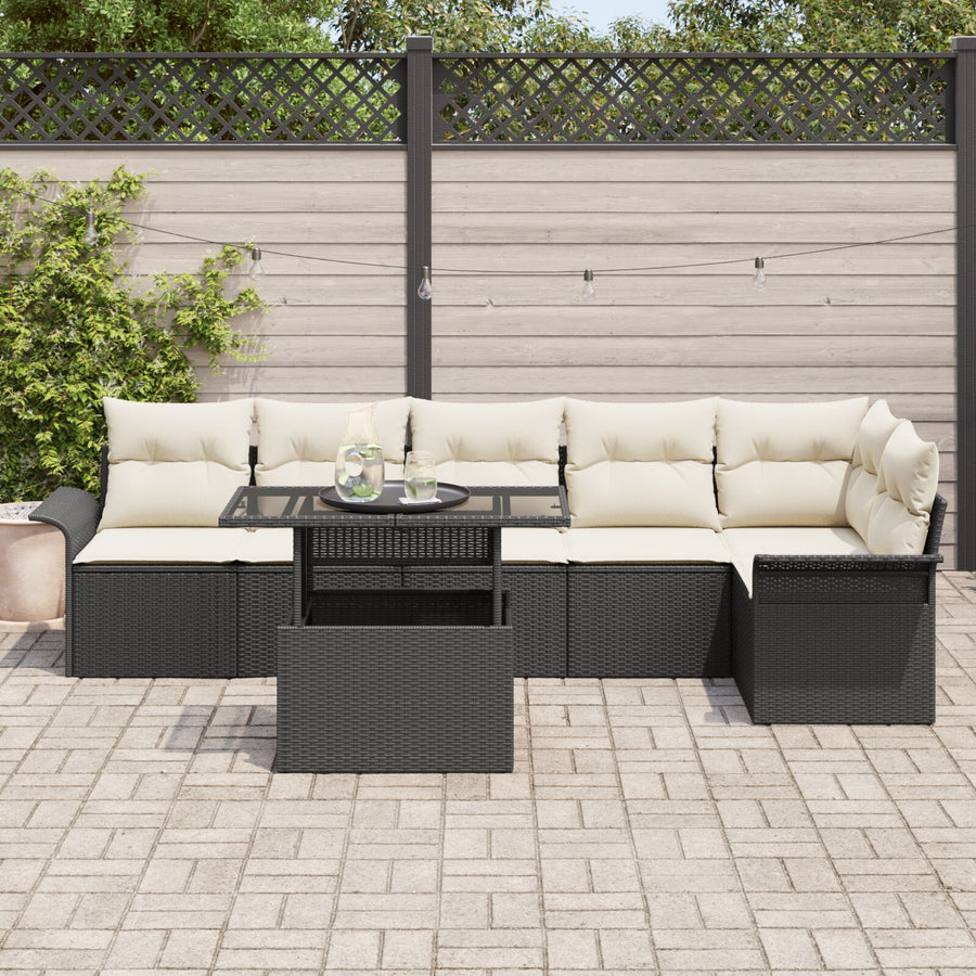 7-Delige Tuin Sofa Set Met Kussens Zwart Poly Rattan
