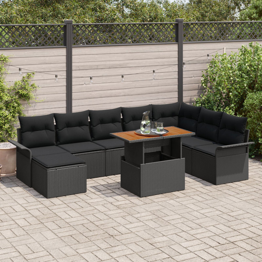 9-Delige Tuin Eetset Met Kussens Zwart Poly Rattan Acacia