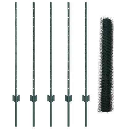 Hekpaaltjes 5 St U-Profiel Groen 100 Cm Staal,  Zeshoekig Hek Groen 1X10 M Staal