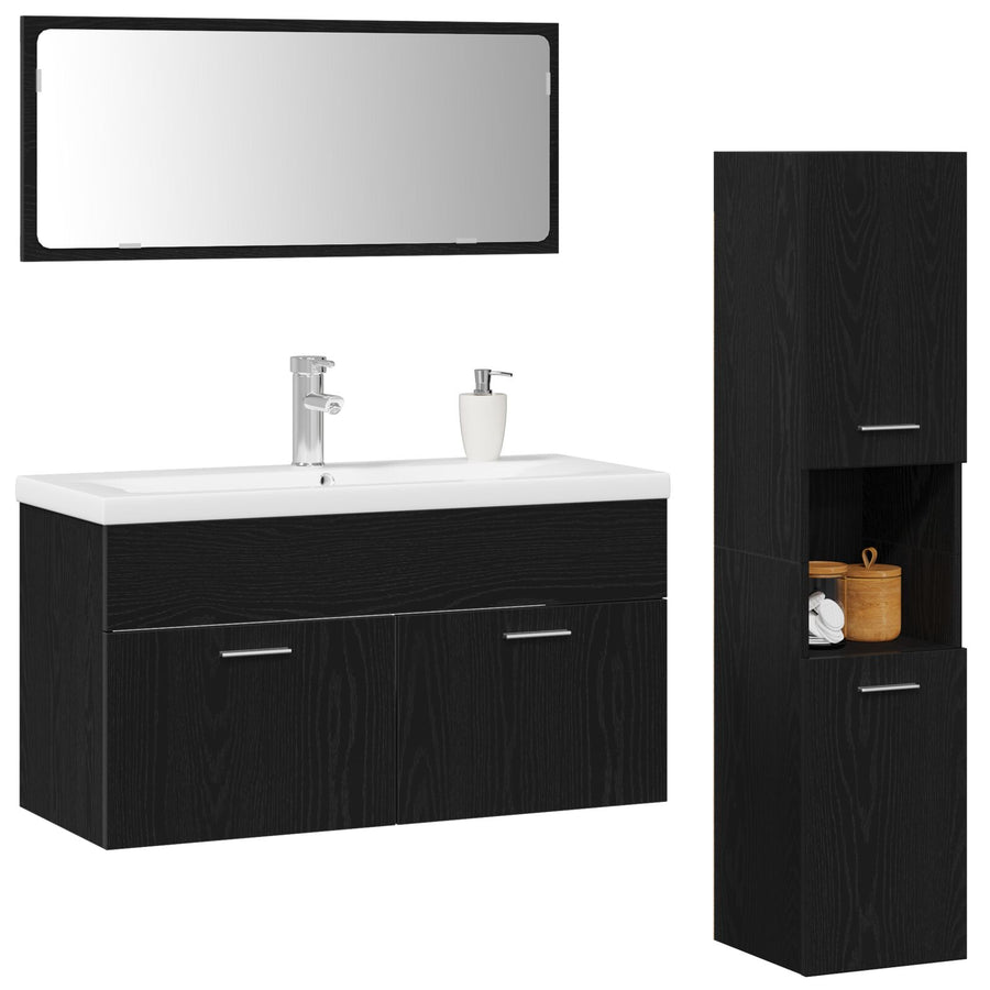 Badkamermeubel Set Set Van 3 Zwart Eiken Engineered Hout Strak