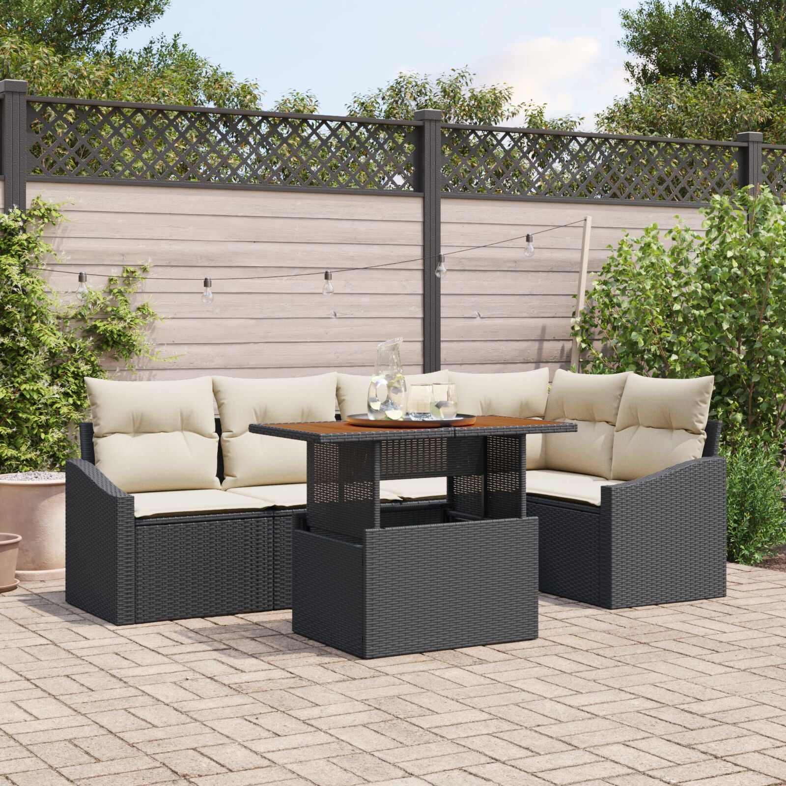 6-Delige Tuin Eetset Met Kussens Zwart Poly Rattan Acacia