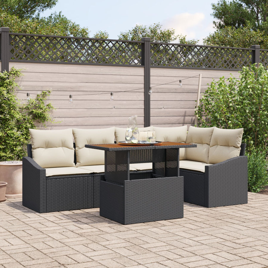 6-Delige Tuin Eetset Met Kussens Zwart Poly Rattan Acacia
