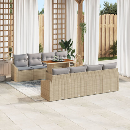 9-Delige Tuindinerset Met Kussens Beige Poly Rattan Acacia