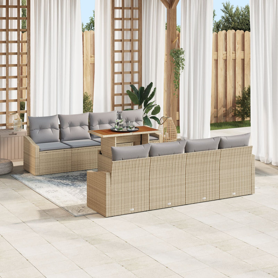 9-Delige Tuindinerset Met Kussens Beige Poly Rattan Acacia