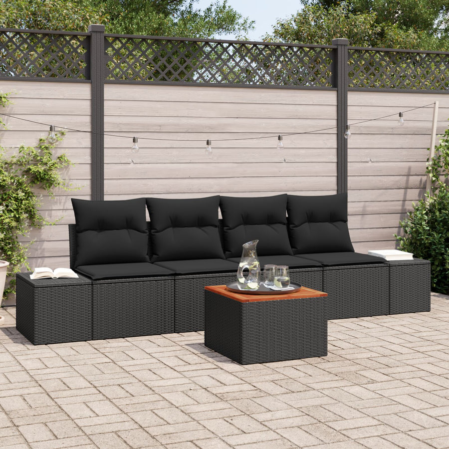 5-Delige Tuinsofa Set Met Kussens Zwart Poly Rattan Acacia