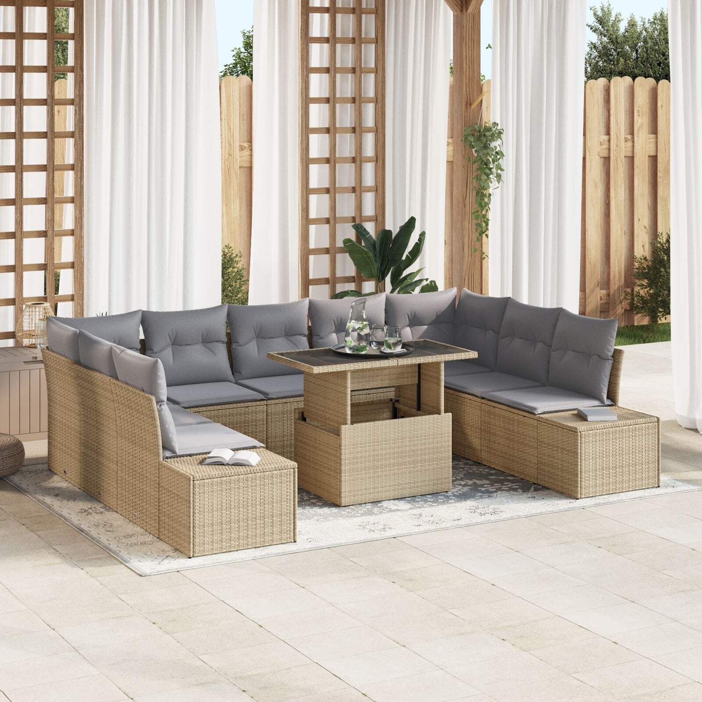 Tuinbankset Set Van 10 Beige Riet Tuinbankset Rechthoekig