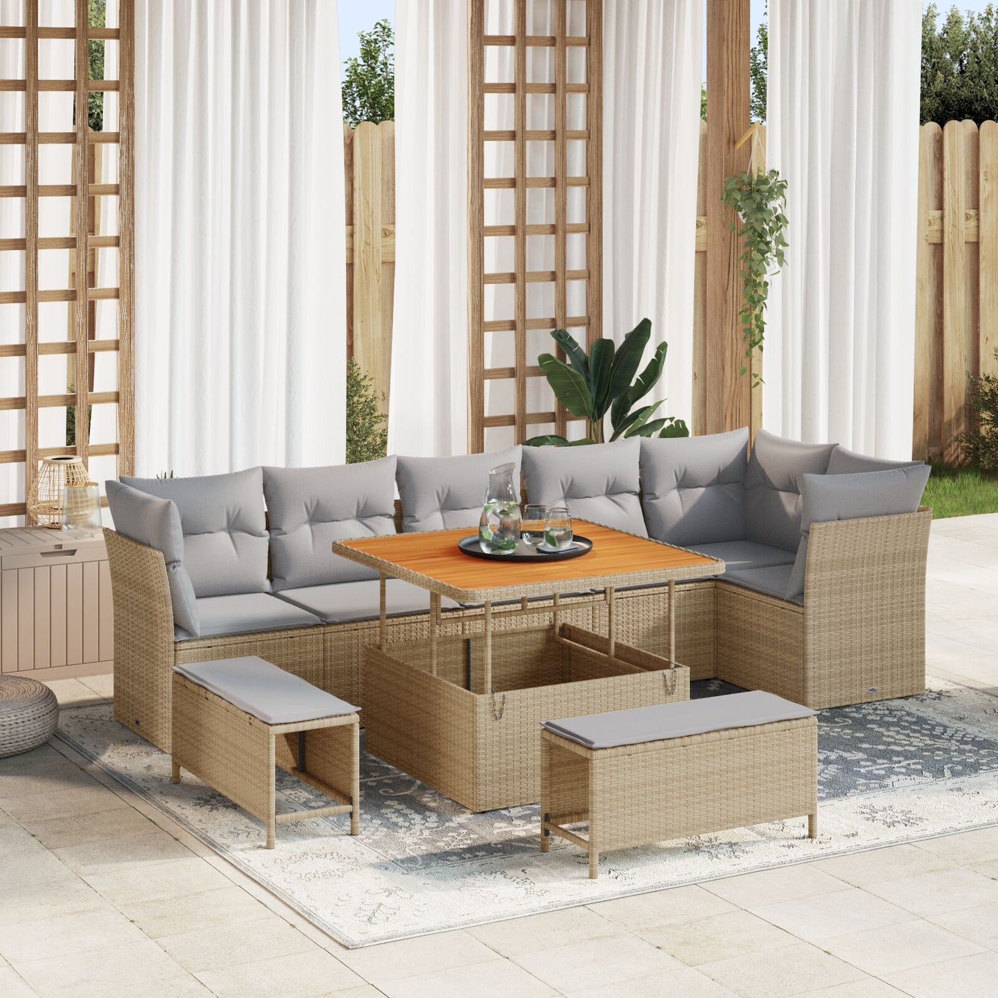 9-Delige Tuin Sofa Set Met Kussens Beige Poly Rattan Acacia, 3-Delige Tuin Eettafel Set Met Kussens Beige Poly Rattan Acacia Wit