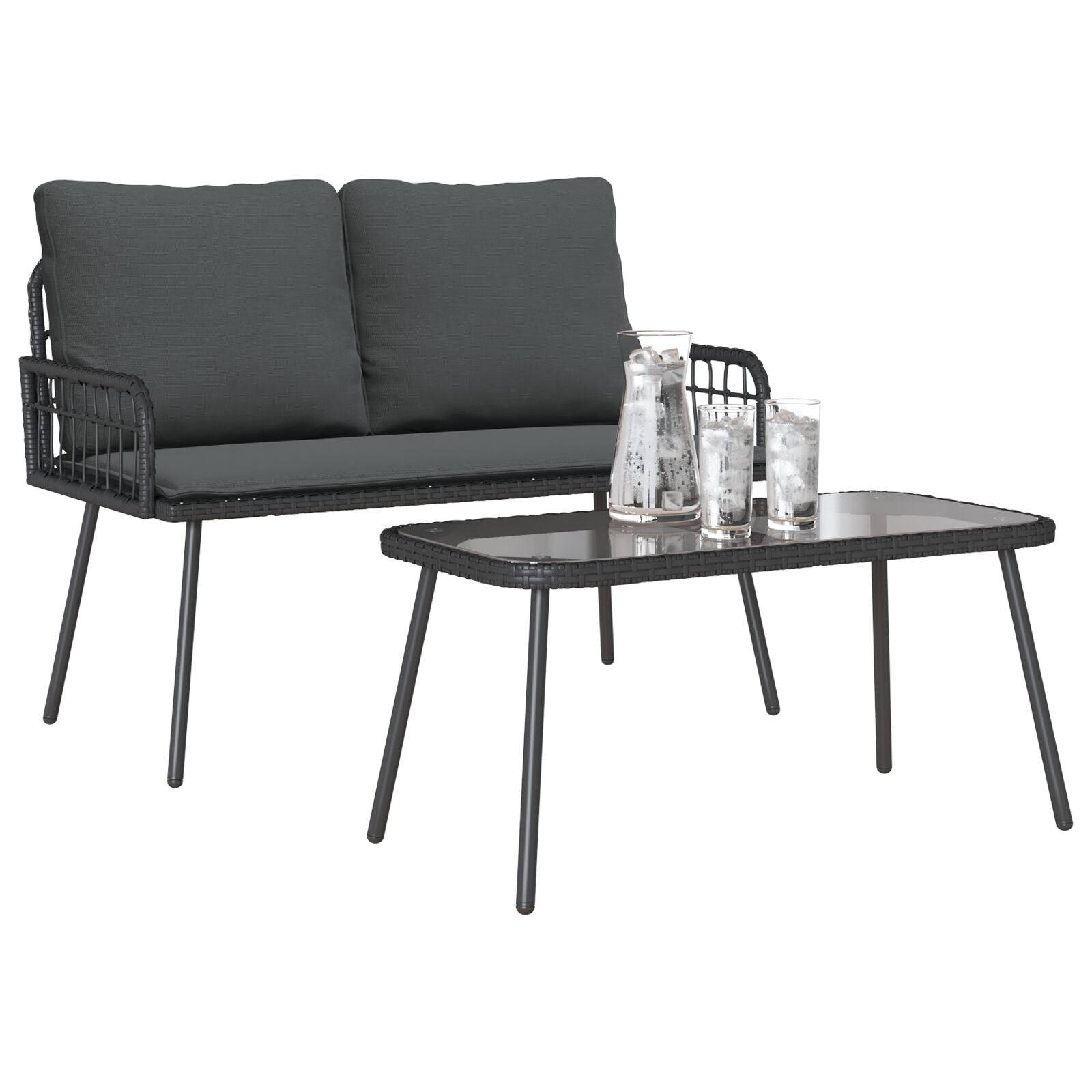 2-Delige Tuin Eetset Met Kussens Poly Rattan Zwart