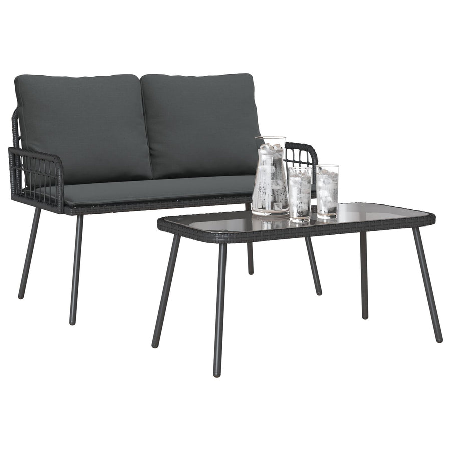 2-Delige Tuin Eetset Met Kussens Poly Rattan Zwart