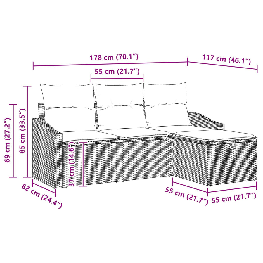 4-Delige Tuin Sofa Set Met Kussens Grijs Poly Rattan