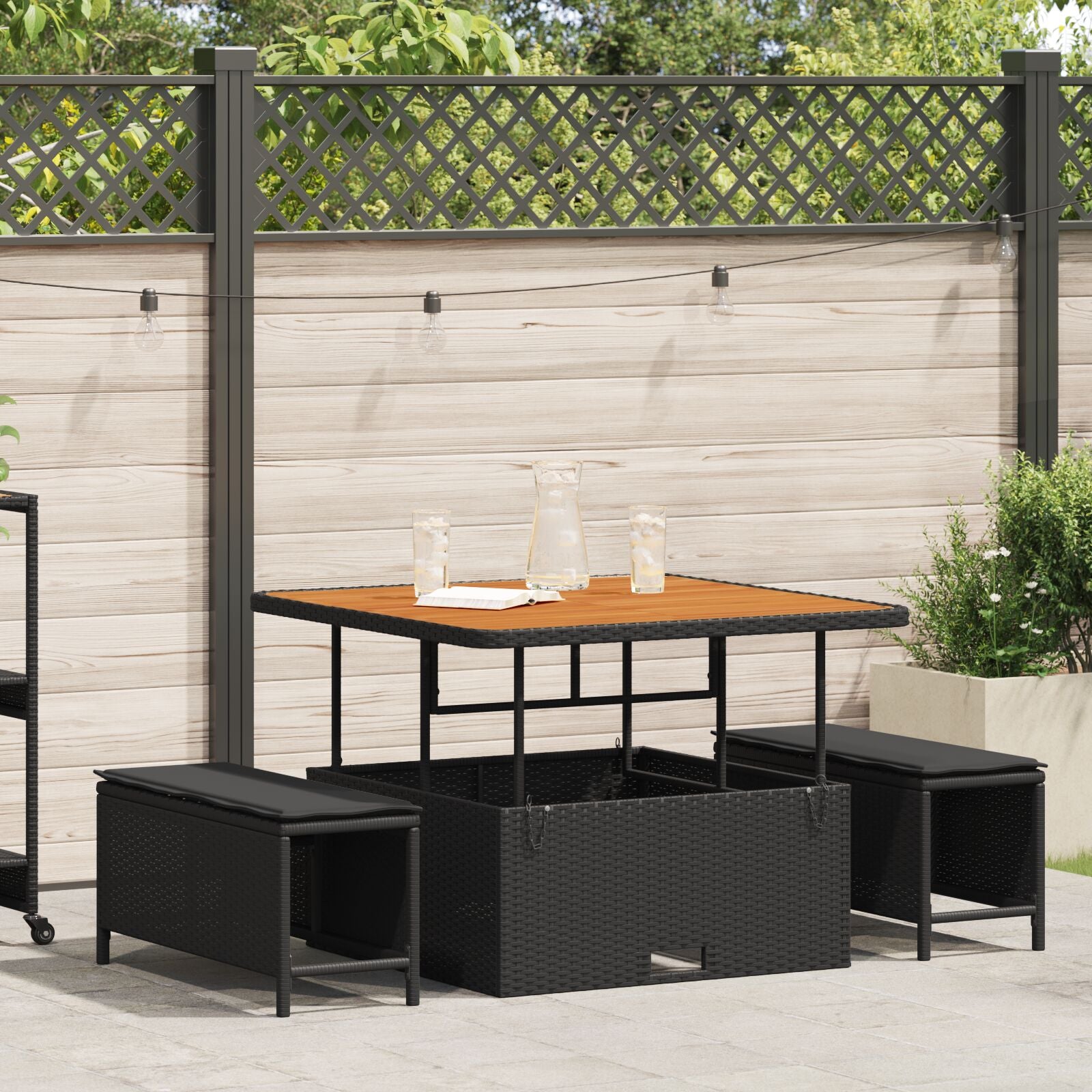 3-Delige Tuin Dinerset Met Kussens Poly Rattan Acacia 100 cm Zwart 2 krukken